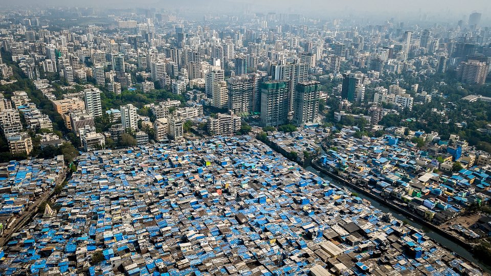 Aerial view of city and housing development